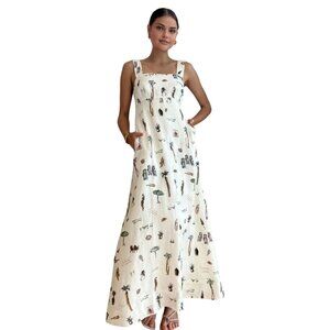 NWT Commense Beach-Themed Linen Blend Maxi Dress~Pockets~Tie-Back Design~Medium